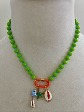 Lime Green Beaded Necklace with Ocean Beach Charms